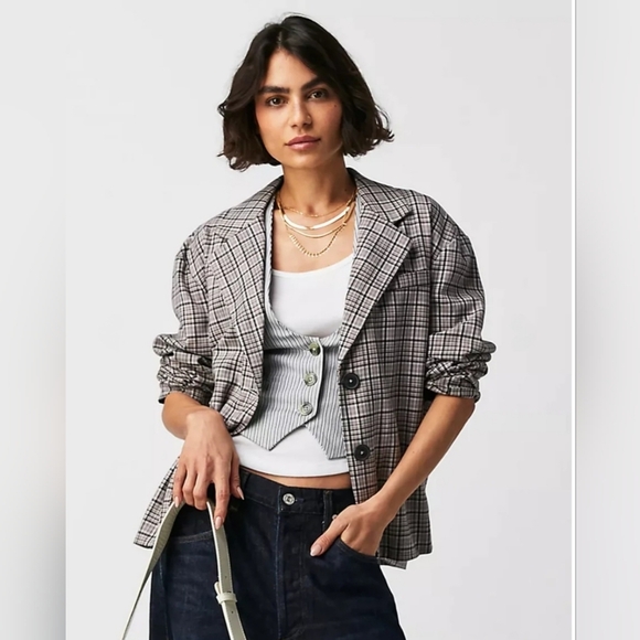 Free People Cali Plaid Boxy Single Breasted Blazer L - Picture 1 of 8